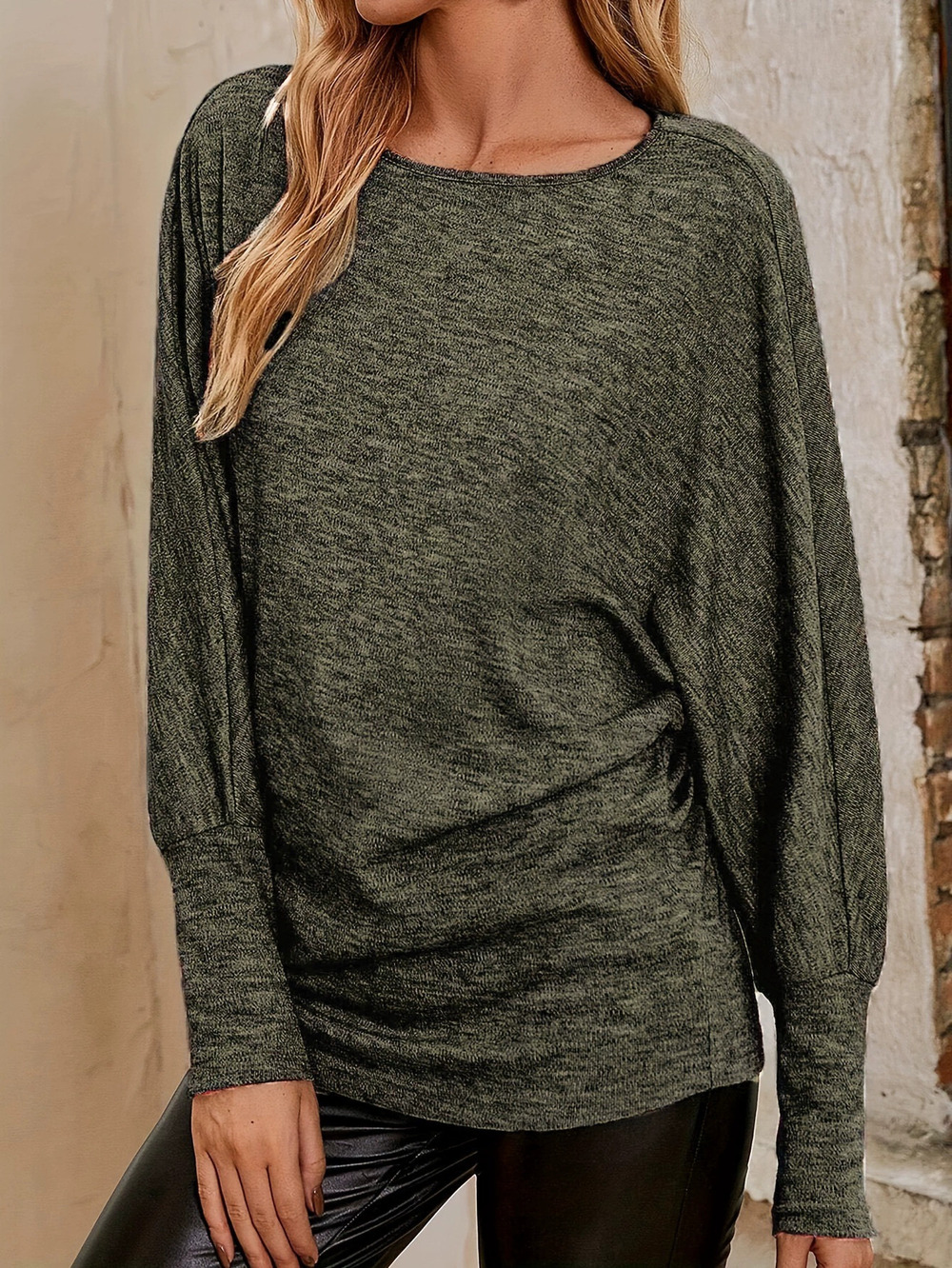 Forever 21 Solid Long-Sleeve Batwing Top Large Round-Neck